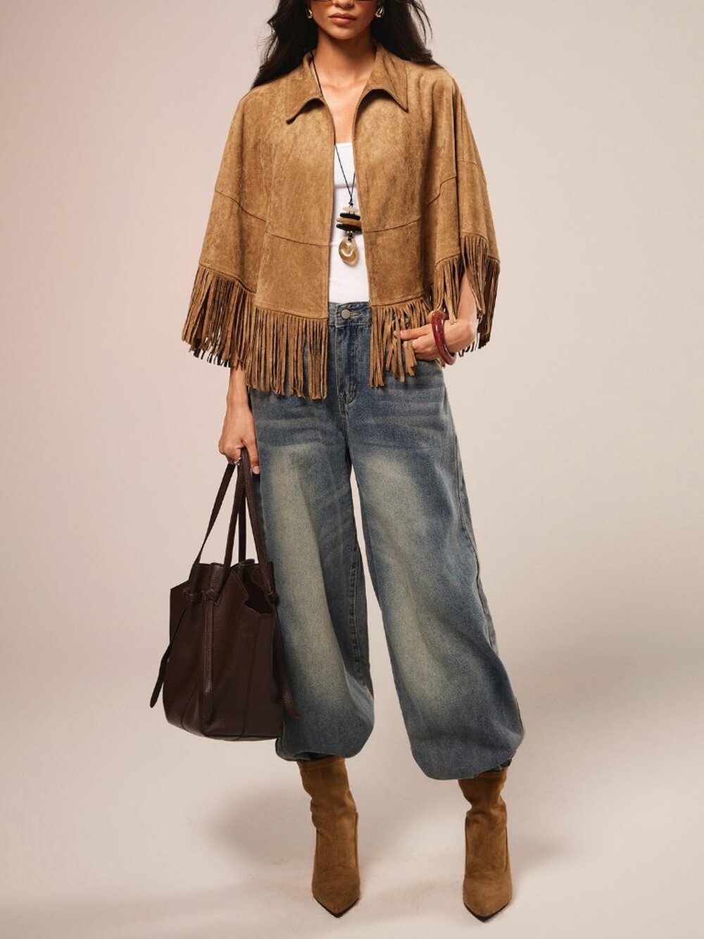 tan Casual Women's Fringe detail Collar cape poncho Top - Picture 5 of 9